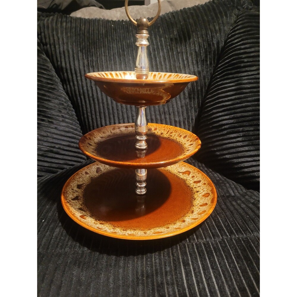 Carefree Ironstone by Canonsburg 3‑Tier Tidbit Tray – Brown Drip Vintage